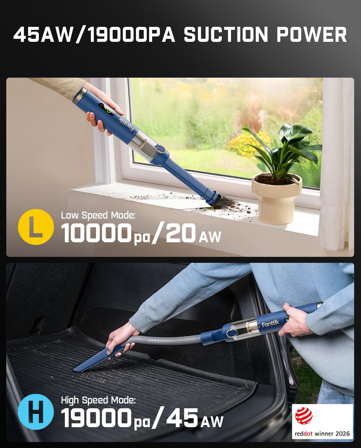 Fanttik Slim V10 APEX Cordless Car Vacuum, 4-in-1 Portable Mini Handheld Vac, Upgraded Smart Digital Display, 19kPa Suction Power, 2 Suction Modes for Small Jobs, Car, Office Desk, Keyboards (Blue) view 5