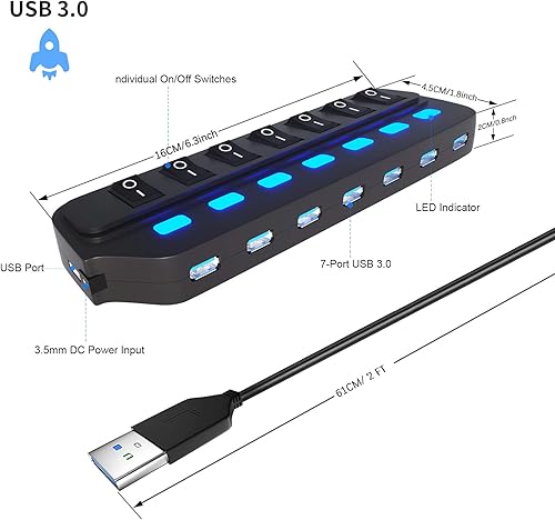 Miniatura 6 de Hub USB 3.0, divisor de concentrador USB de 7 puertos con interruptores LED individuales de encendido/apagado, extensión USB de datos de alta