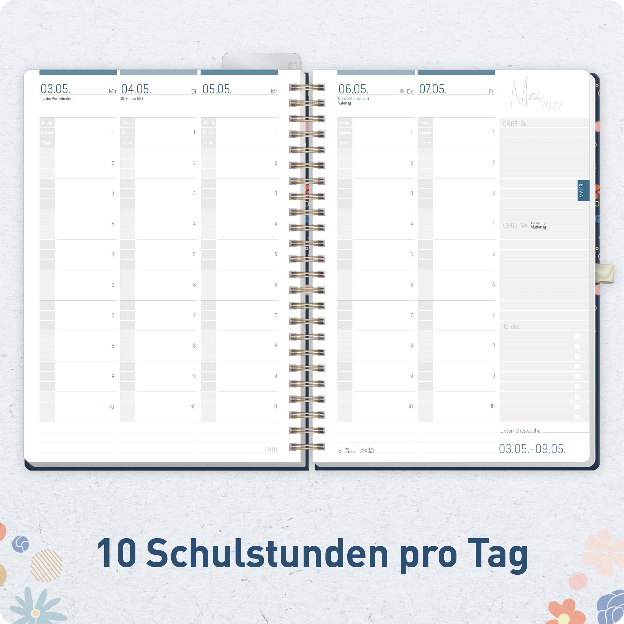 Häfft® Lehrerplaner 2026/2027 A4+ Deluxe – Großer Lehrerkalender & Schulplaner 26/27 mit Hardcover & Spiralbindung "Flowers & Leaves" – Für Grundschule, weiterführende Schulen & Referendariat