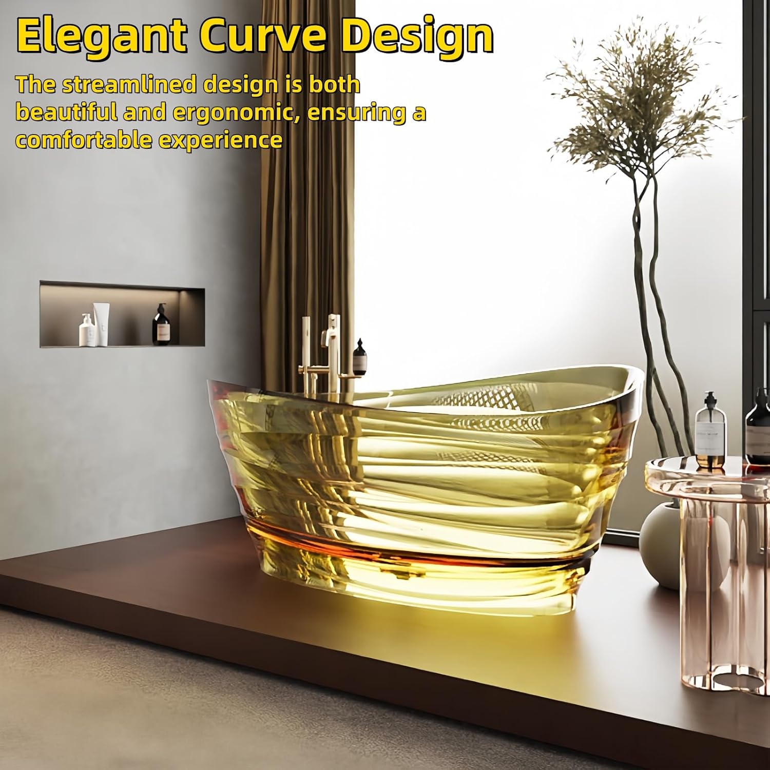 Natural Resin Freestanding Bathtub - Modern Oval Soaking Tub, Non-Slip Textured Surface, Easy To Clean, Luxury Bathtub With Drain, Suitable For Modern Bathroom (Transparent, 63"L x 34.6"W x 28.3"H)