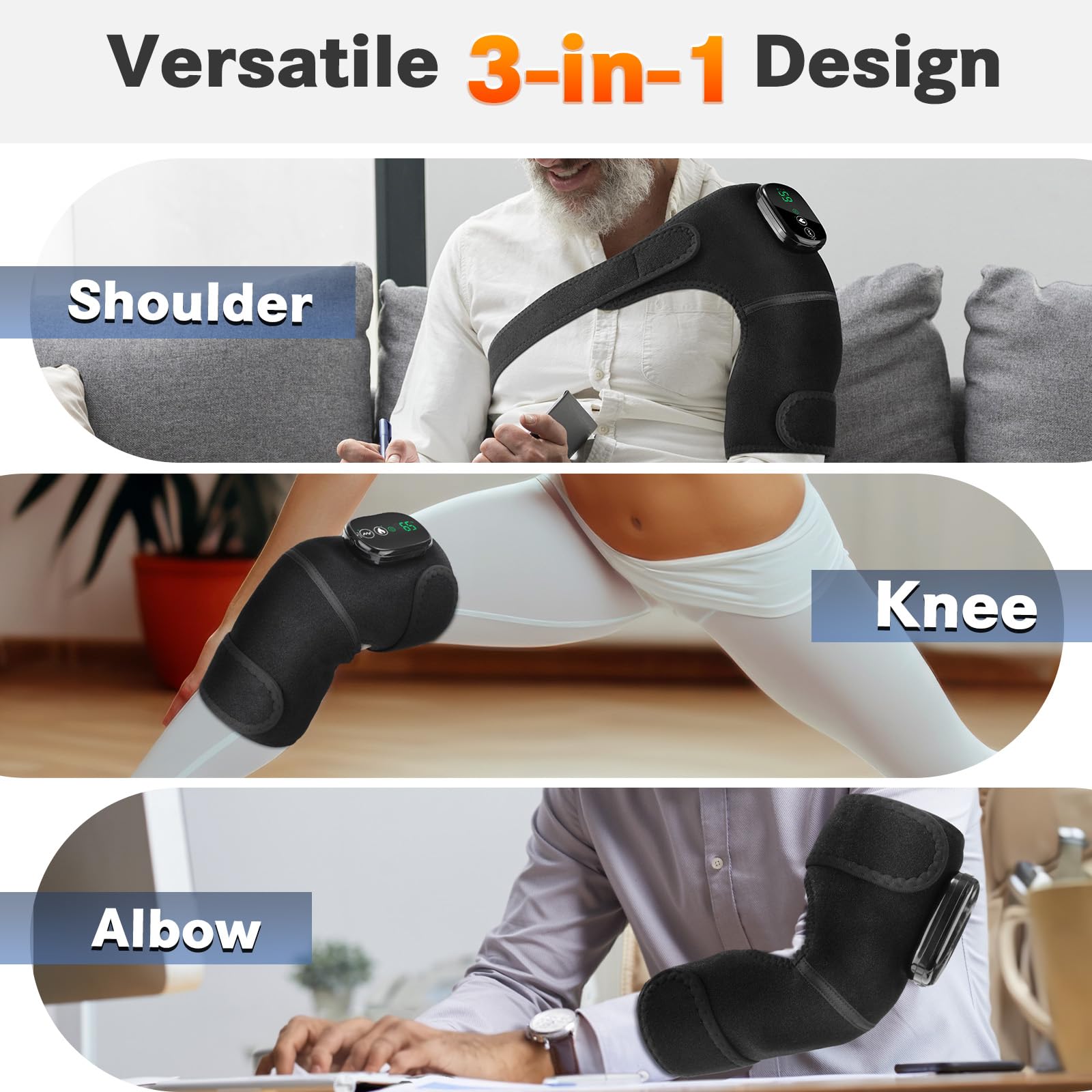 Masajeador de rodilla inalámbrico con 4 motores de vibración, 5 niveles de calefacción, 5 niveles de vibración, batería integrada de 5000 mAh, almohadilla térmica de rodilla para aliviar el