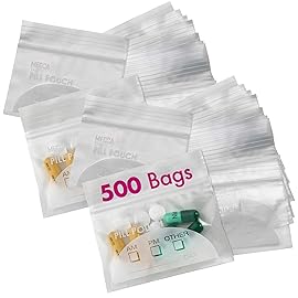 Pill Pouch Bags - (Pack of 500) 3 x 2.75 - BPA Free, Poly Bag Disposable Zipper Pills Baggies, Daily AM PM Travel Medicine Organizer Storage Pouches, Best Clear Reusable with Write-on Labels