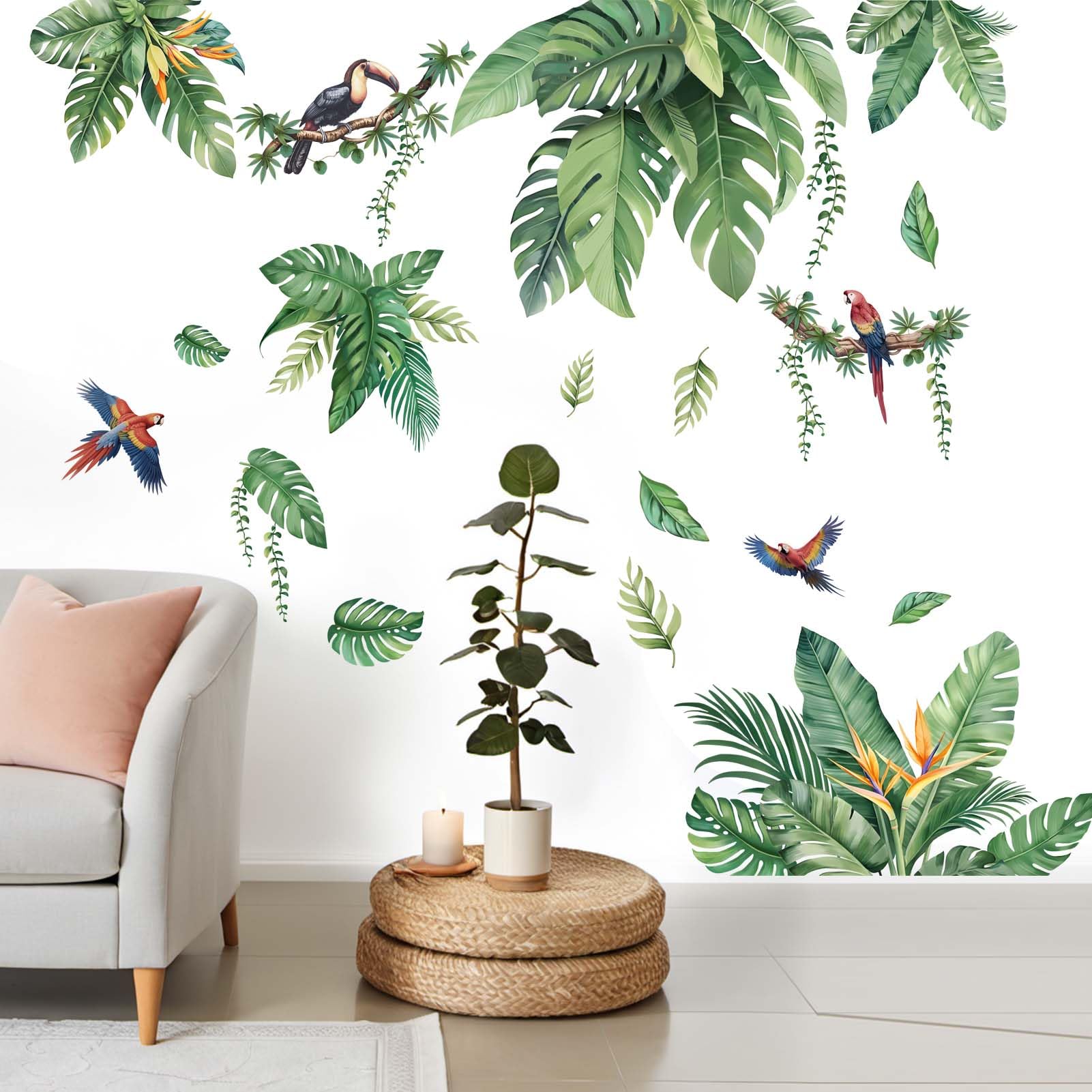 Leaves Wall Stickers for Living Room: Peel and Stick Tropical Plant Green Hanging Leaf Wall Decals - Image 3