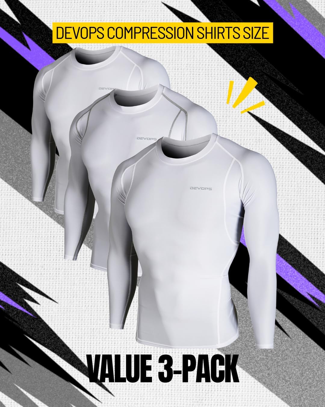 DEVOPS 3 Pack Men's UPF 50+ Long Sleeve Compression Baselayer Shirts Quick Dry, Cool Gear for Running Gym and Workouts