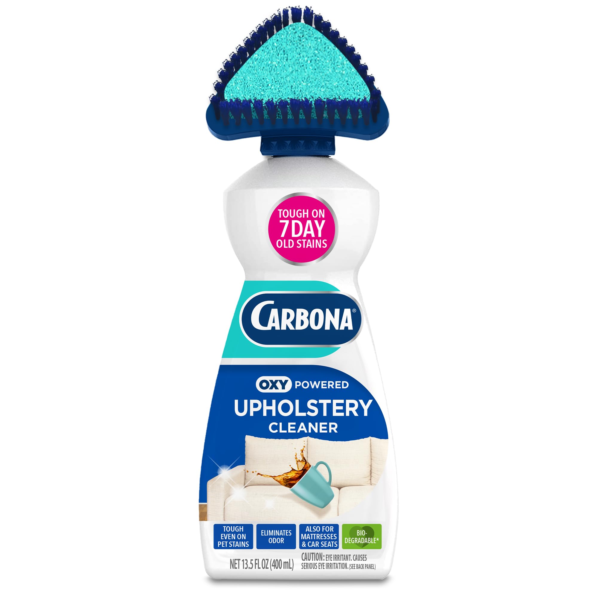 Carbona Oxy Powered Upholstery Cleaner 13.5 fl oz bottle with brush and sponge applicator head