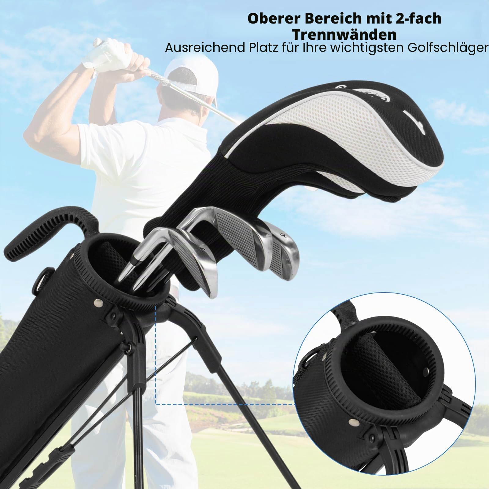 LIFEZEAL Golftasche, Reisetasche Leicht mit Ständer, 2 Fächer, Becherhalter, wasserdichte Tragetasche, Golf Pencil Bag für Damen und Herren