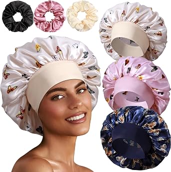 3+3 Large Satin Bonnets with Scrunchies for Women, Wide Band Hair Bonnet for Sleeping Braids Curly Hair