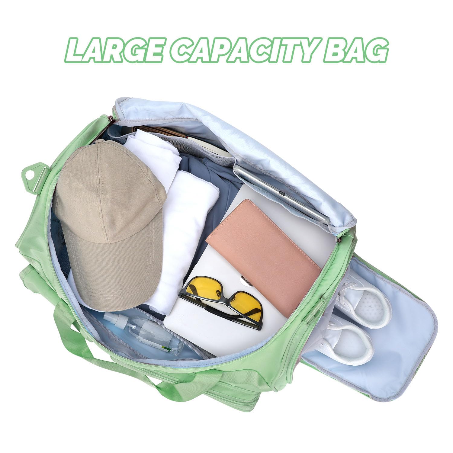 MAXTOP Reisetasche für Damen, Handgepäcktasche, Wochenendtasche, Übernachtungstasche, großes Fassungsvermögen, mit Schuhfach, Sporttasche mit Trocken- und Nass-Trennung, Matcha-Grün, Large size,