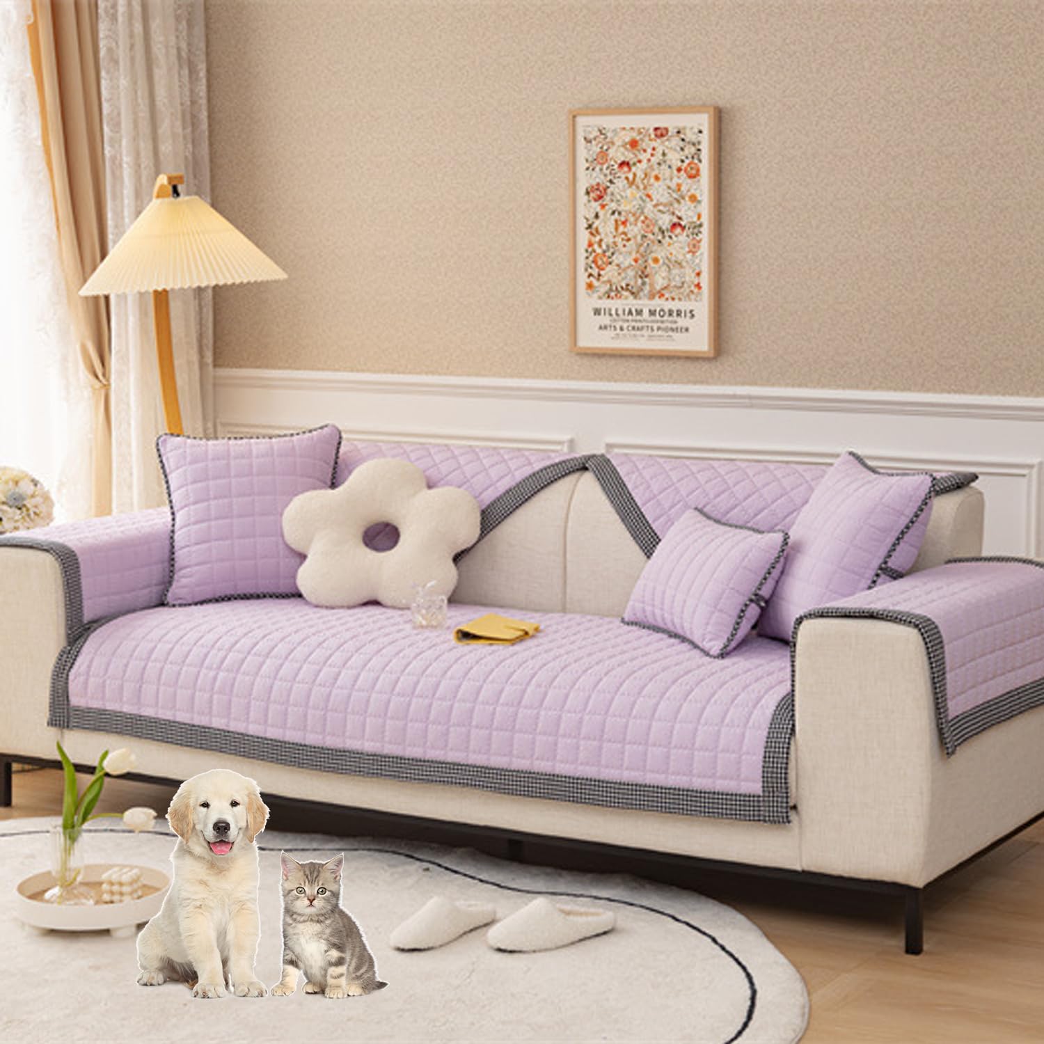 Housse de canapé coton violet anti-glisse pour réparer un tissu abîmé ou usé