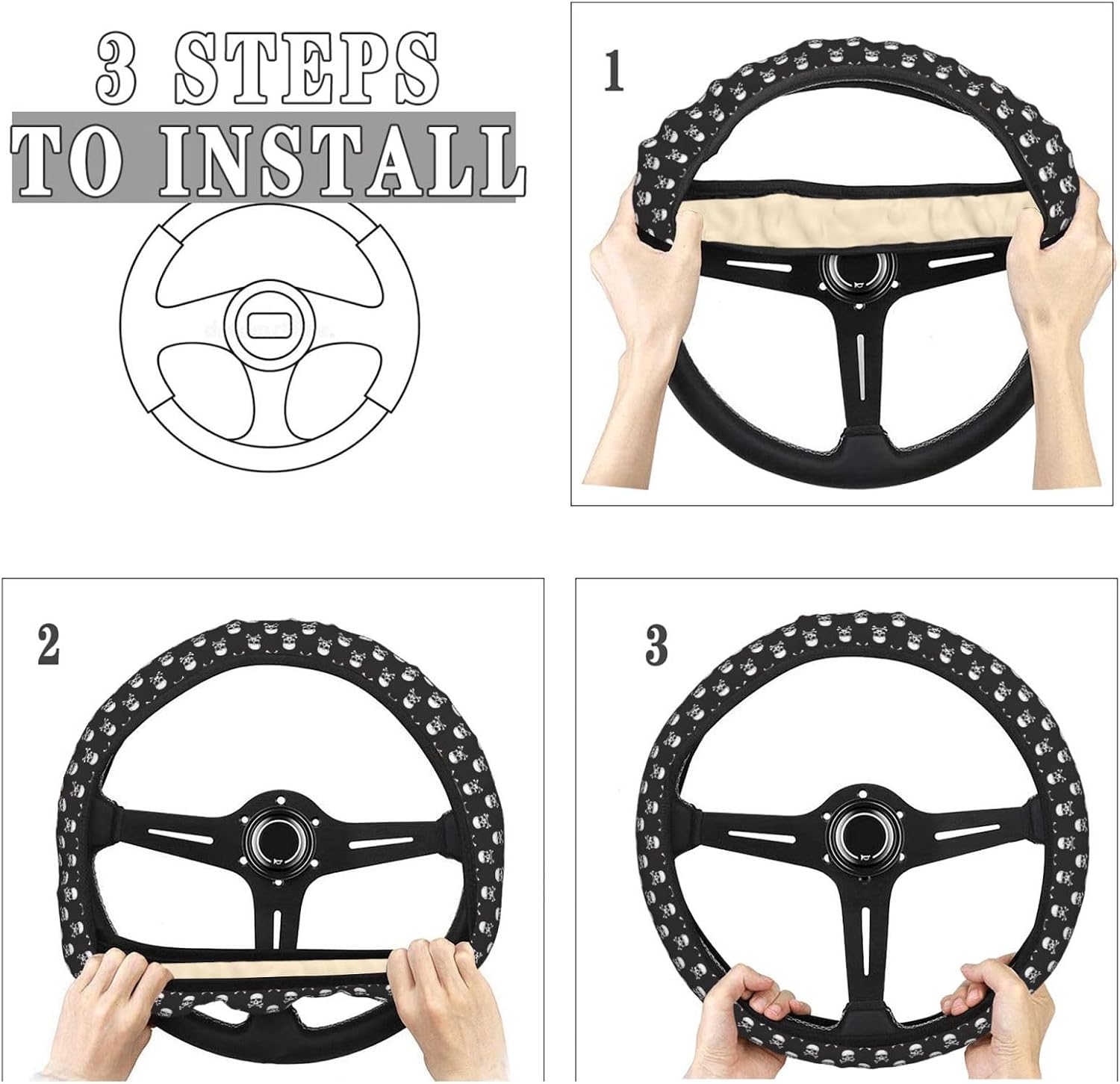 Skull Crossbones Pattern Car Steering Wheel Cover Auto Steering Wheel Protector Anti-Slip Elasticity and Breathable Car Accessories Universal 15 Inch for Cars SUV Sedan Vans Trucks