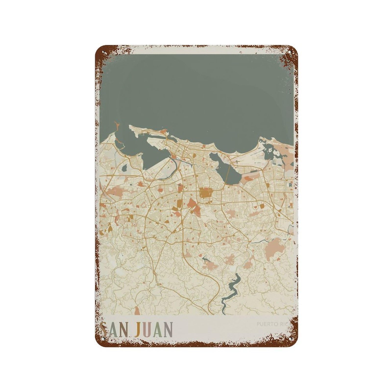 xiaoxiaoshen San Juan Map Puerto Rico Travel Gift Boho Decor Wall Decor Art Metal Tin Poster Modern Home Decor Art Home Bar Shop Decorations Vintage Sign 30x20cm