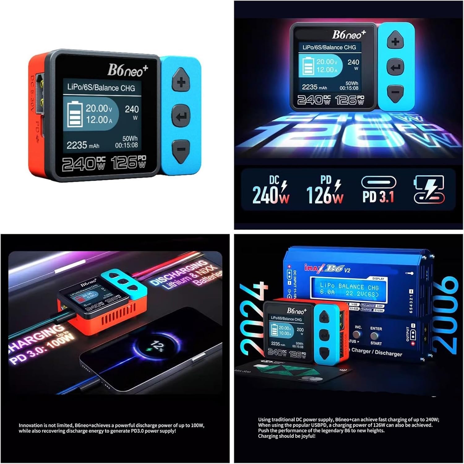 RC Lipo ładowarka do akumulatora dron airsoft, SKYRC USB C B6 Neo+ Smart Mini szybka ładowarka 1S 2S 3S 4S 5S 6S Lipo Li-Ion LiHV Life PB, 2S-15S NiMH/NiCd rozładowywanie wsteczne