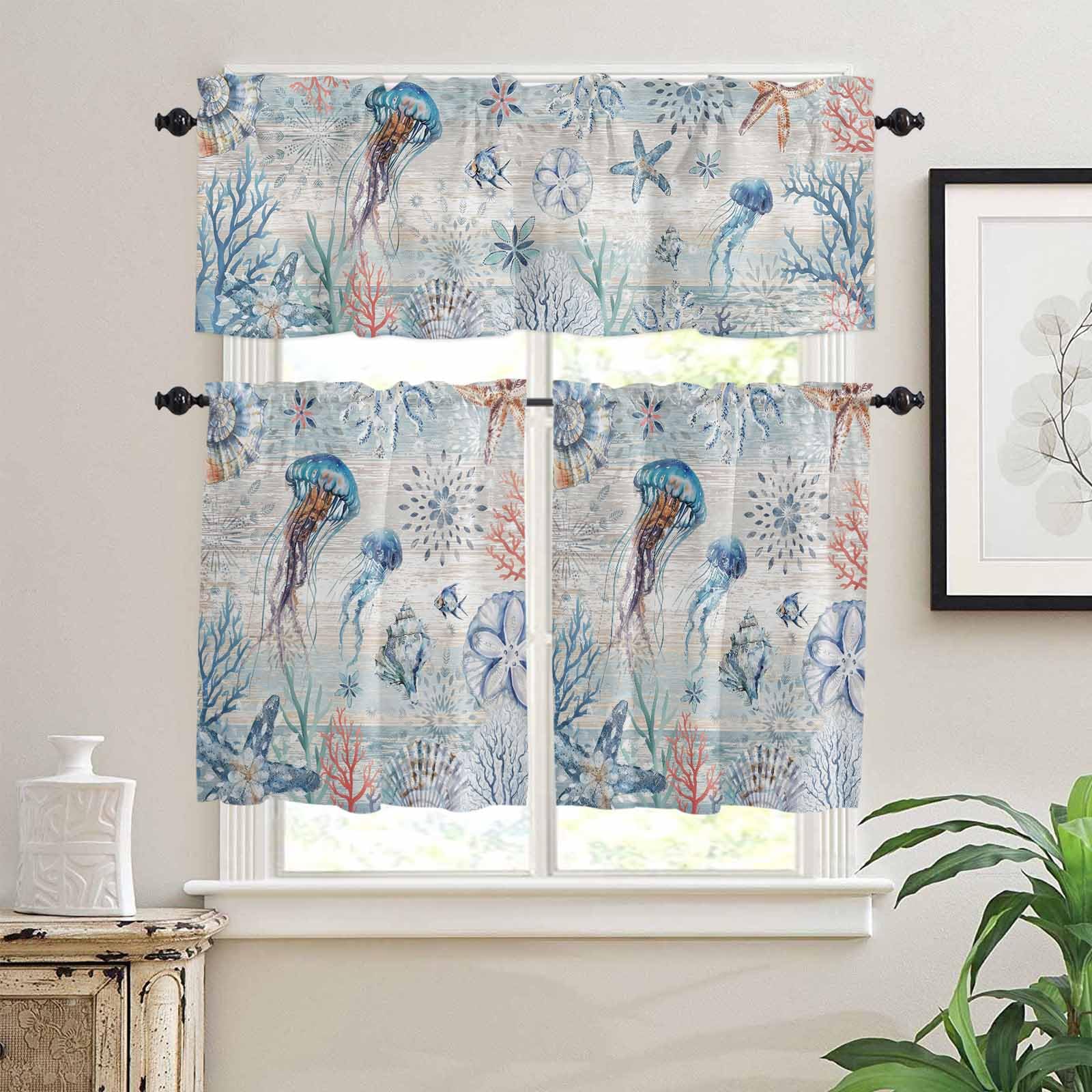 Coastal Jellyfish Kitchen Curtains 24 Inch Length,3 Piece Rod Pocket Small Half Tiers and Valance Set,Blue Nautical Marine Life Conch Coral Small Large Window Treatment Decor for Bedroom/Bathroom