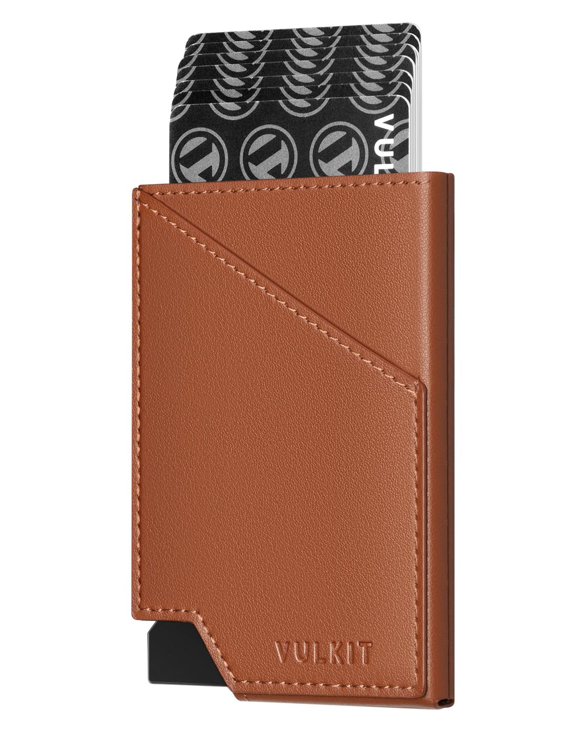VULKITPop up Card Wallet RFID Blocking Slim Aluminum Metal Bank Card Holder Case with Business Money Pocket for Credit Cards Notes and Coins (Brown)