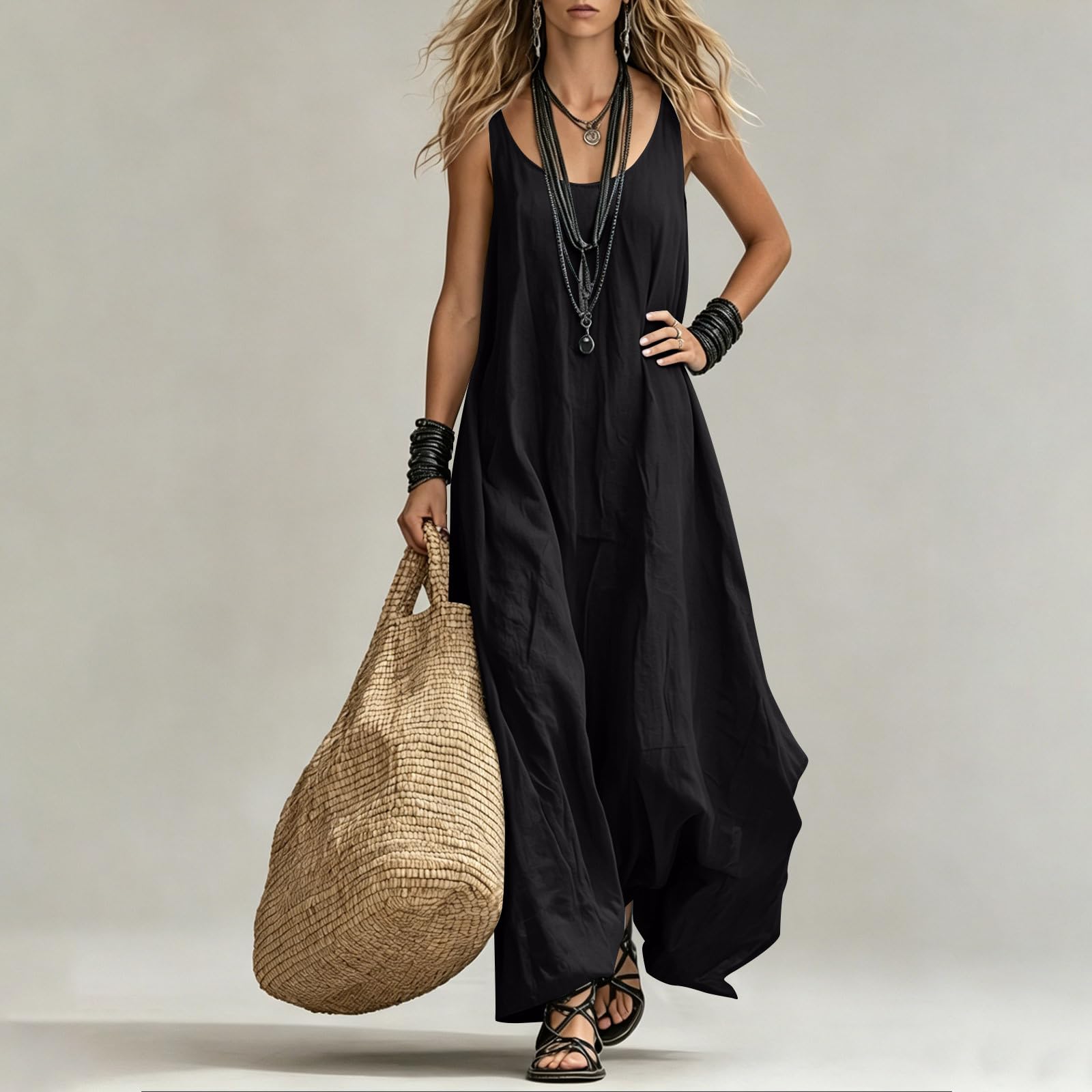 Strandkleid Damen Sommer, Leinenkleider Ärmellos Sommerkleid Leicht Und Luftig Elegant Rundhals Leinenkleid Maxi Blusenkleid Locker Einfarbig Lässig Shirtkleid Boho Musselin Kleid Wickelkleid