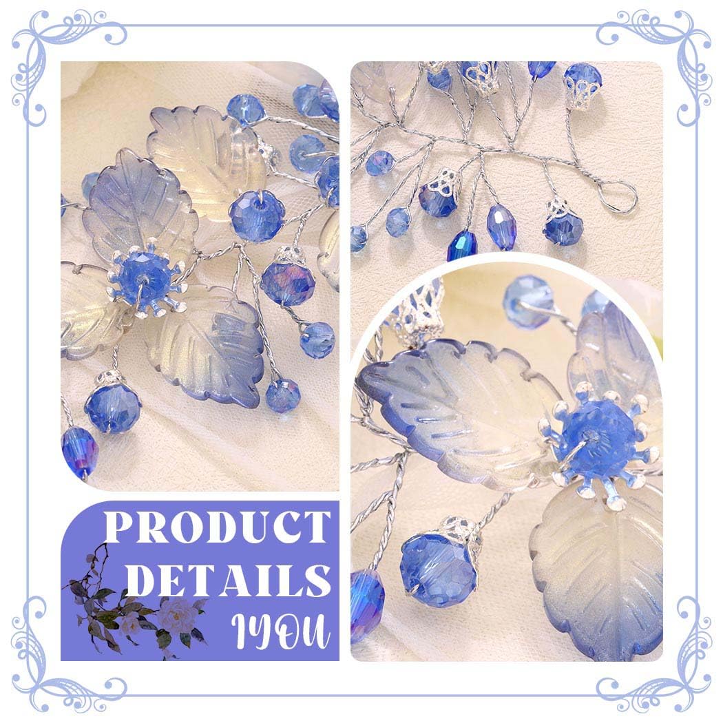 IYOU Bridal Wedding Hair Vine Blue Leaf Headband Crystals Guest Bride Bridesmaid Hair Accessories for Women - Image 4