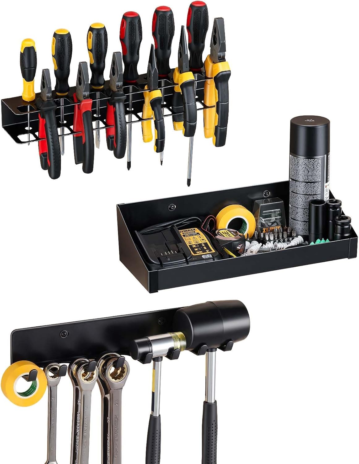 Wall Mount Hand Tool Organizer – Screwdriver Pliers Organizer, Hammer Holder, Wrench Organizer, Power Tool Organizer, 3PCS Alloy Steel Hand Tool Storage Rack for Garage Workshop (Black)