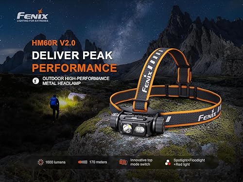 Miniatura 2 de Fenix HM60R V2.0 - Linterna frontal recargable de 1600 lúmenes, foco e reflector con luz roja, ligera para camping, senderismo, espeleología,