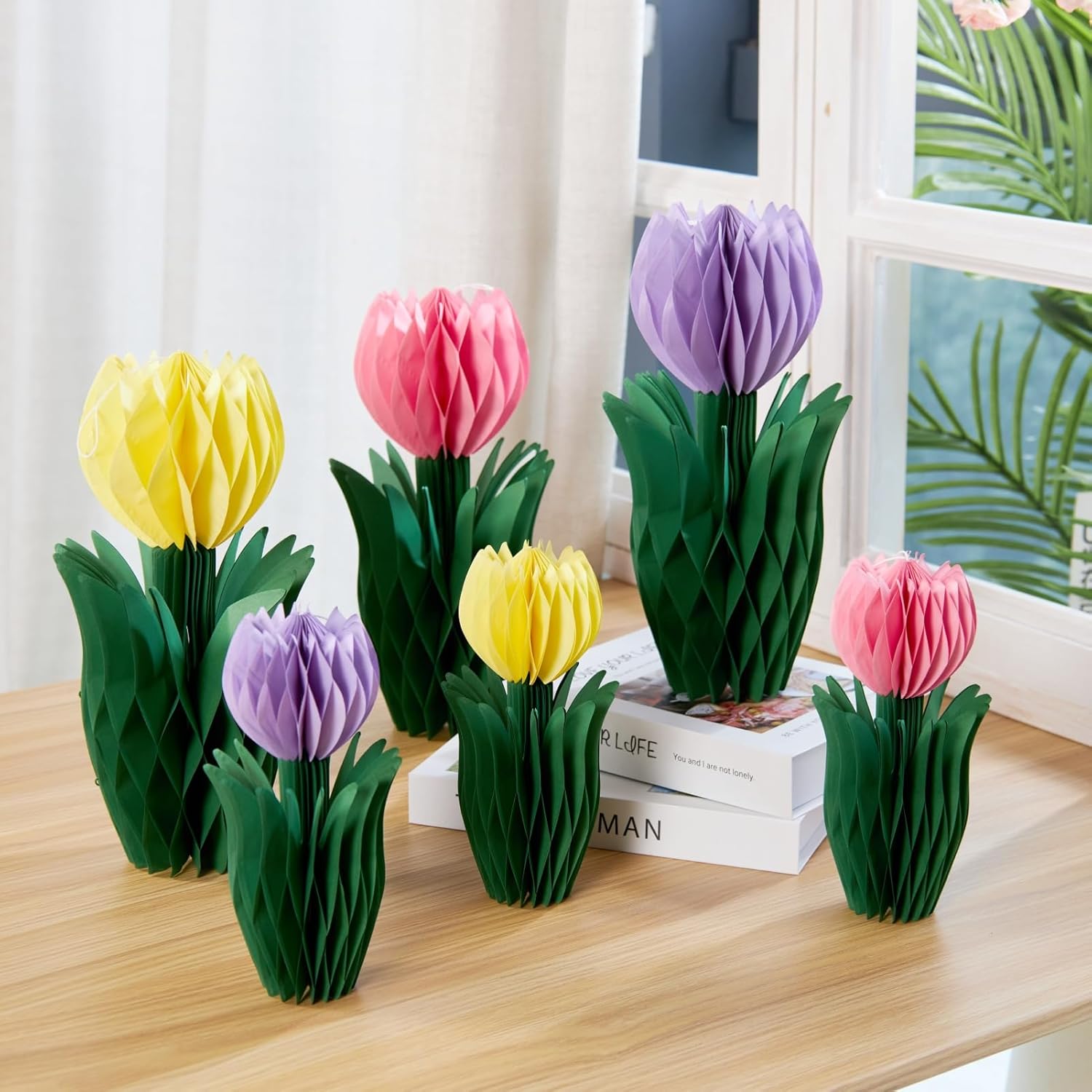 SUNBEAUTY Flower Honeycomb Decor Tulips Table Centerpieces Spring Decoration for Home Office Paper Flower Tulip Honeycomb Decor for Garden Party Mothers Day Decoration Easter Party Birthday Tea Party
