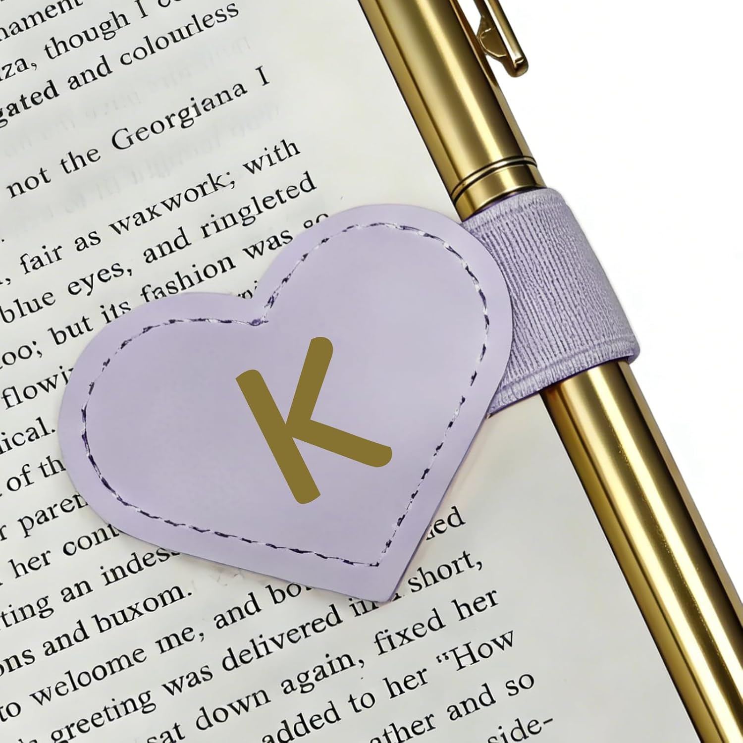 Magnetic Leather Heart-Shaped Bookmark with Pen Holder, Purple K