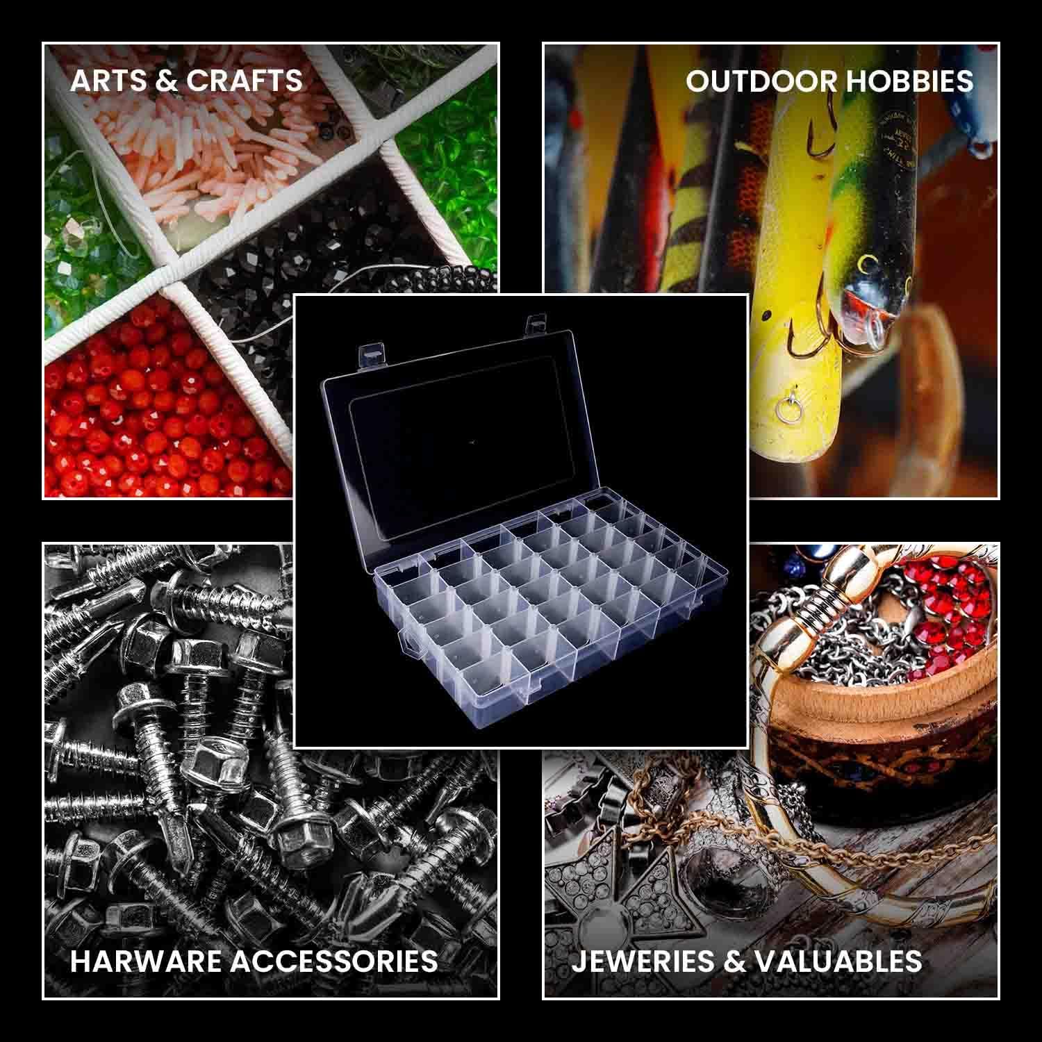 4pack 36 Grids Plastic Clear Organizer Box Bead Storage Containers with Adjustable Dividers for Craft Jewelry Fishing Tackles Parts Storage with 4 Sheets Label Stickers - Image 6