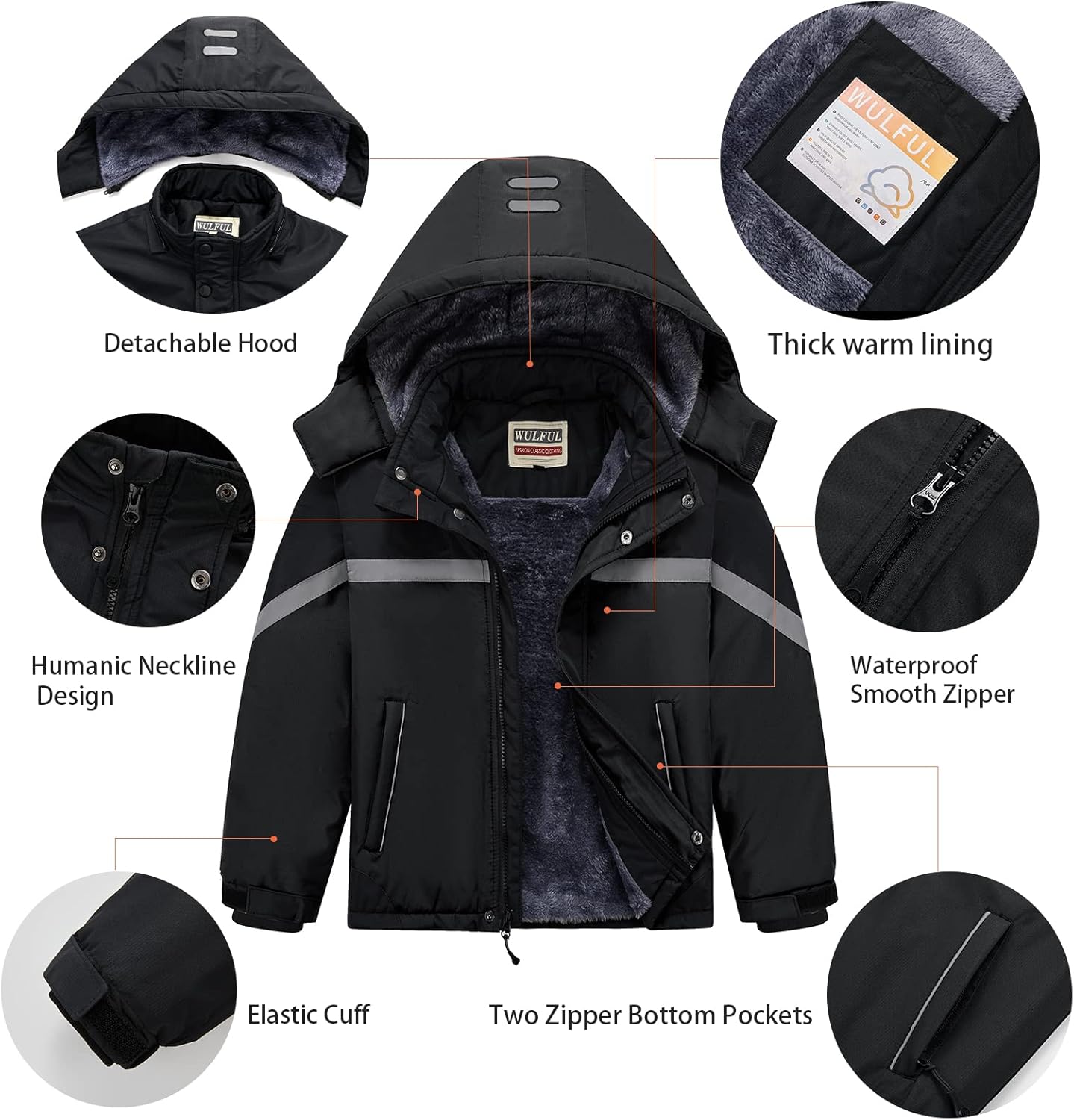 WULFUL Boy's Waterproof Ski Coat Winter Warm Snow Coat with Hood