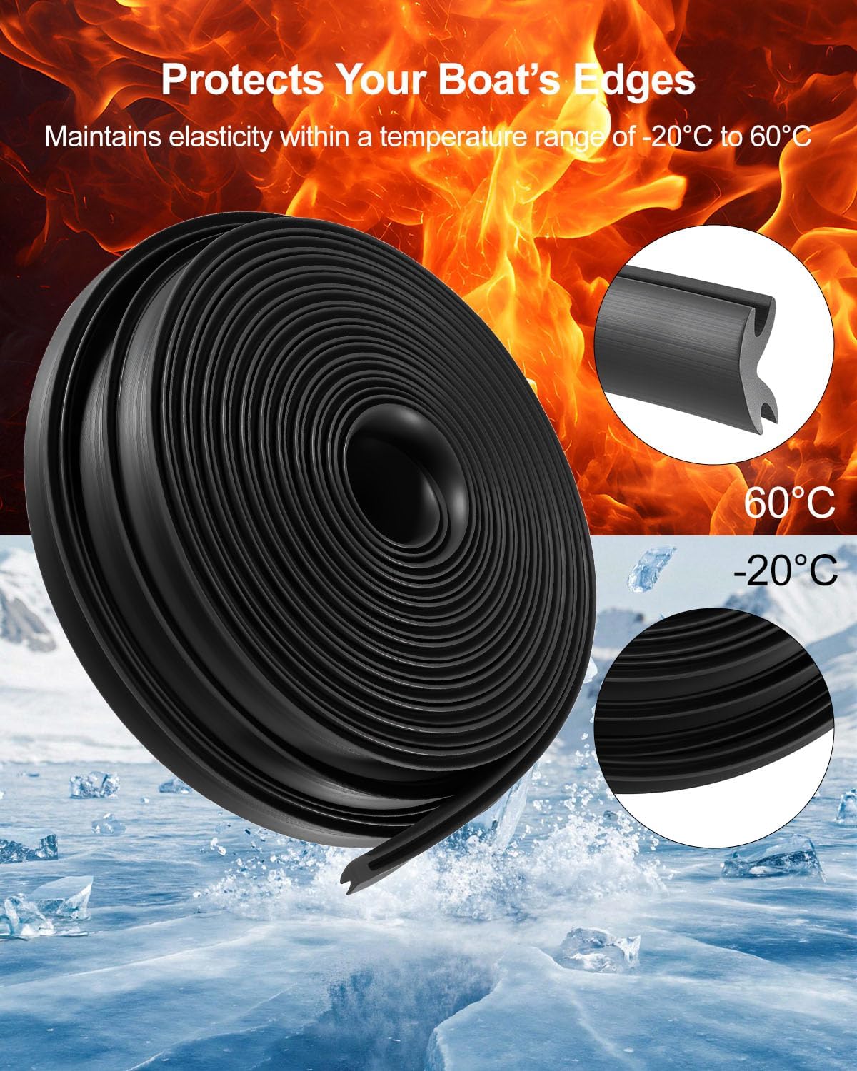 Boat Rub Rail Vinyl Insert, 50.85 FT Flexible Black PVC Rub Rail Trim, 3/4 x 3/8 Inch Marine Edge Protection for Boats
