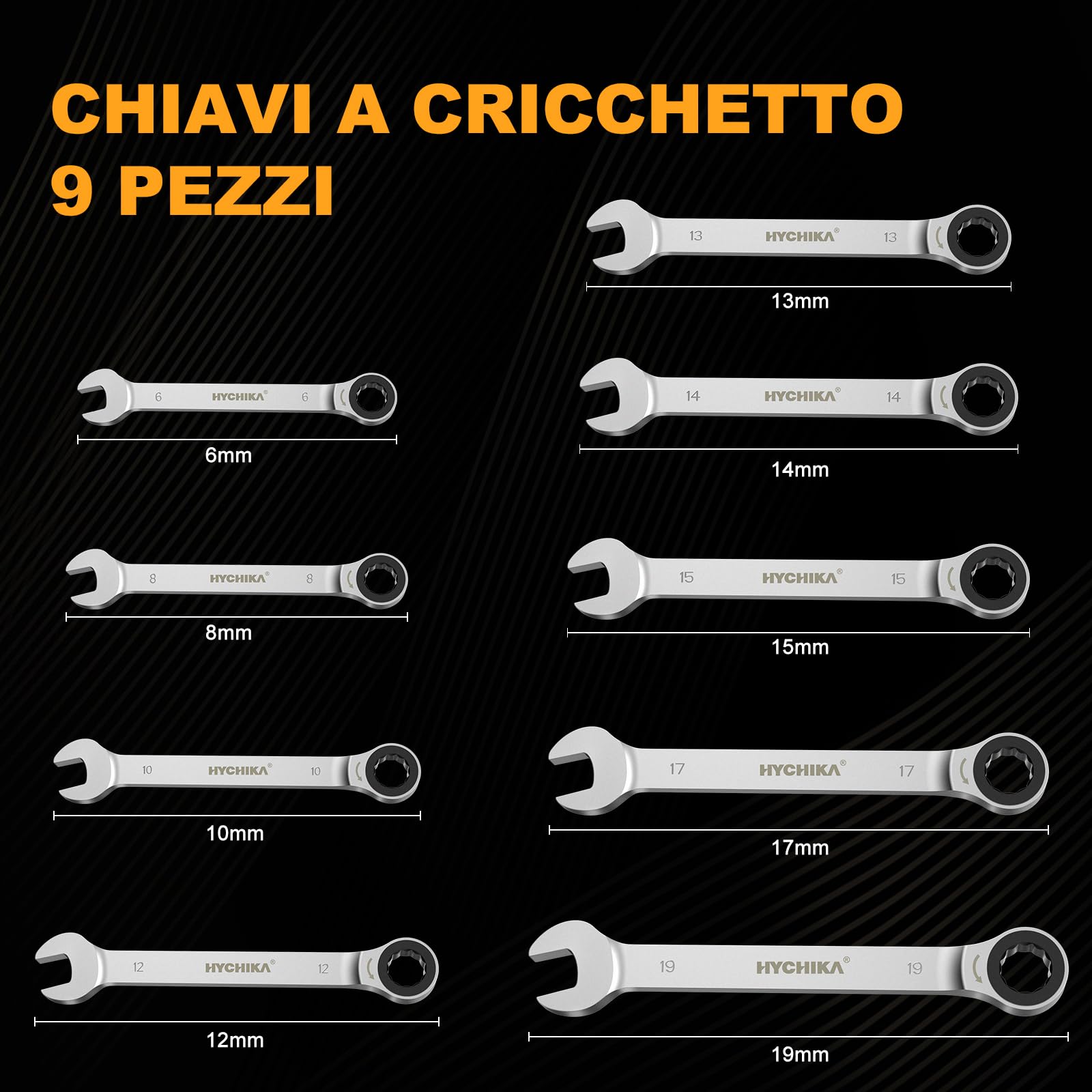 HYCHIKA Chiavi a Cricchetto 9Pcs, Set Chiavi Inglesi 6-19mm Metriche, 72 Denti con Design della Corsa di Ritorno di 5°, Chiave a Cricchetto con Custodia Portatile