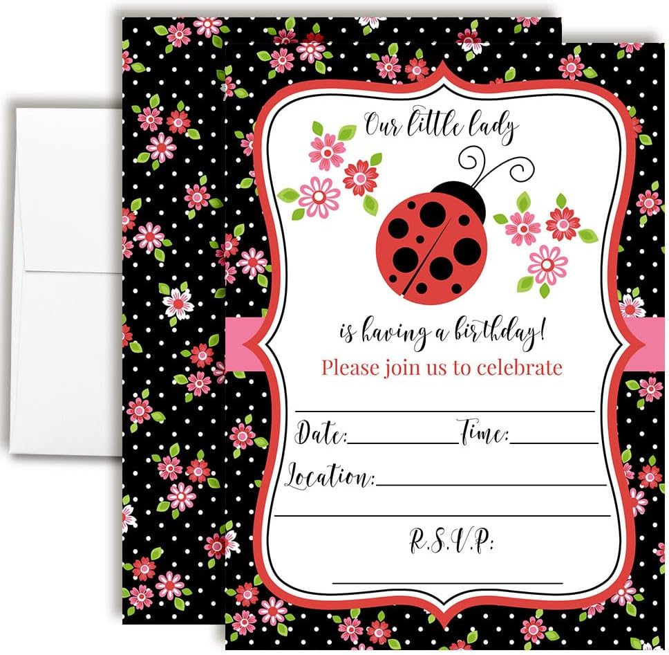 Flowers and Ladybugs Birthday Party Invitations for Girls, 20 Cute 5x7 Fill In Cards with Twenty White Envelopes by AmandaCreation