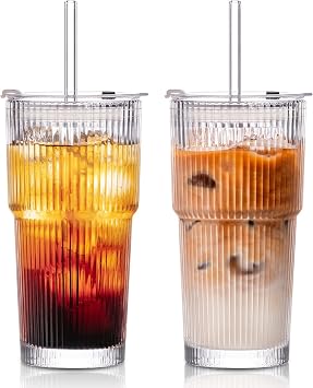 SoulTimes 600ml Glass Cups with Lids and Straws, Ribbed Glass Tumbler for Iced Coffee, Smoothie, Juice & Cold Drinks, Reusable Thick Glassware Set, Elegant Home & Travel Drinkware 2 Pack