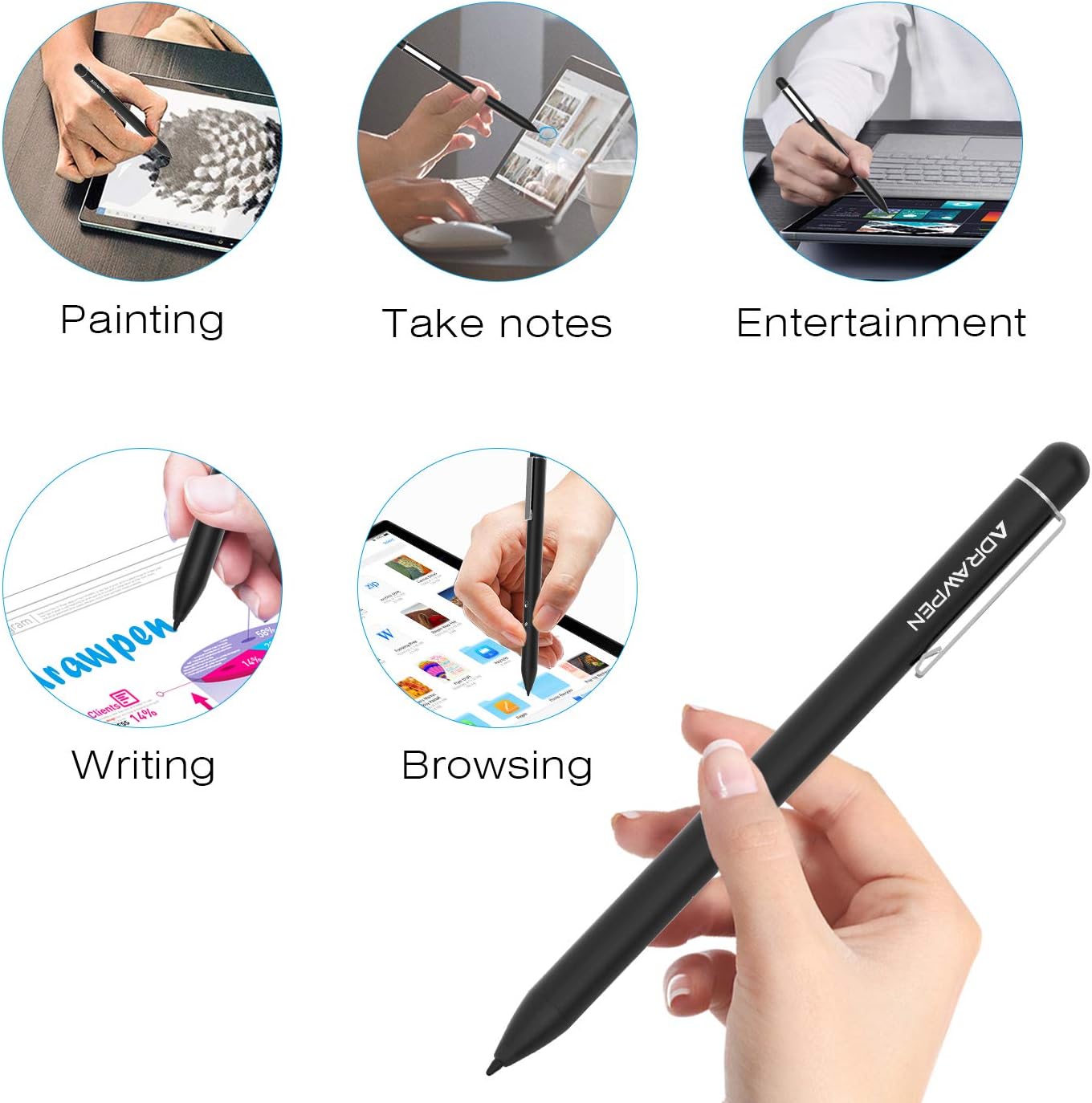 Pen for Surface, Adrawpen Stylus with Palm Rejection, Right Click and Erase Buttons , 1024 Pressure, Including 2 Spare Nibs & AAAA Battery Compatible for New Surface Pro 8/7, Laptop Studio/Go 3/Duo 2