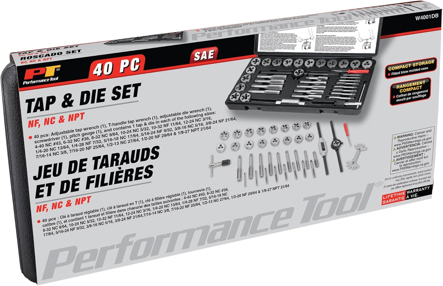 Performance Tool W4001DB 40-Piece SAE Tap And Die Set | Coarse and Fine Threads | Essential Threading Rethreading Tool Kit with Accessories and Storage Case