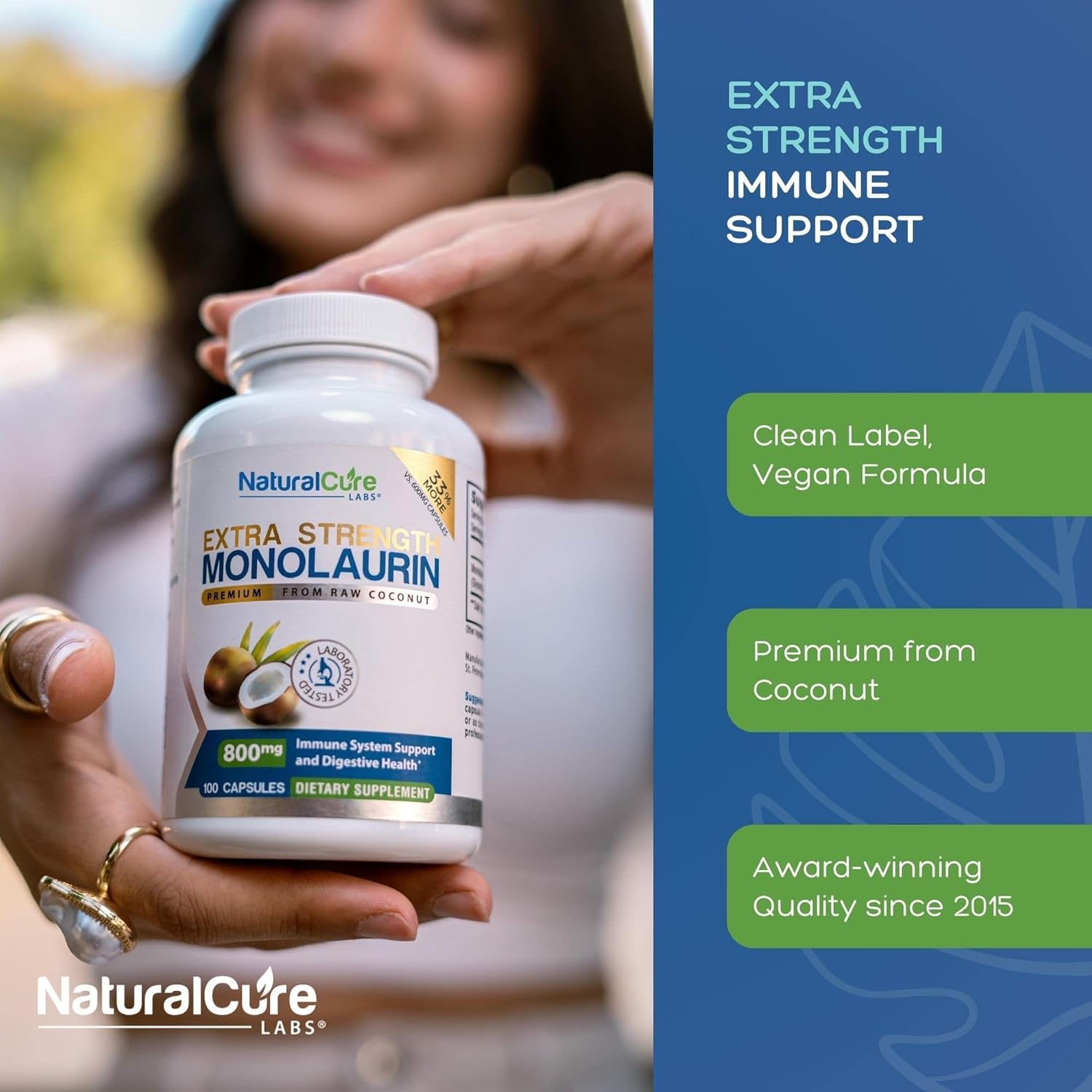 Natural Cure Labs Extra Strength Monolaurin 800mg, 100 Capsules, 33% More