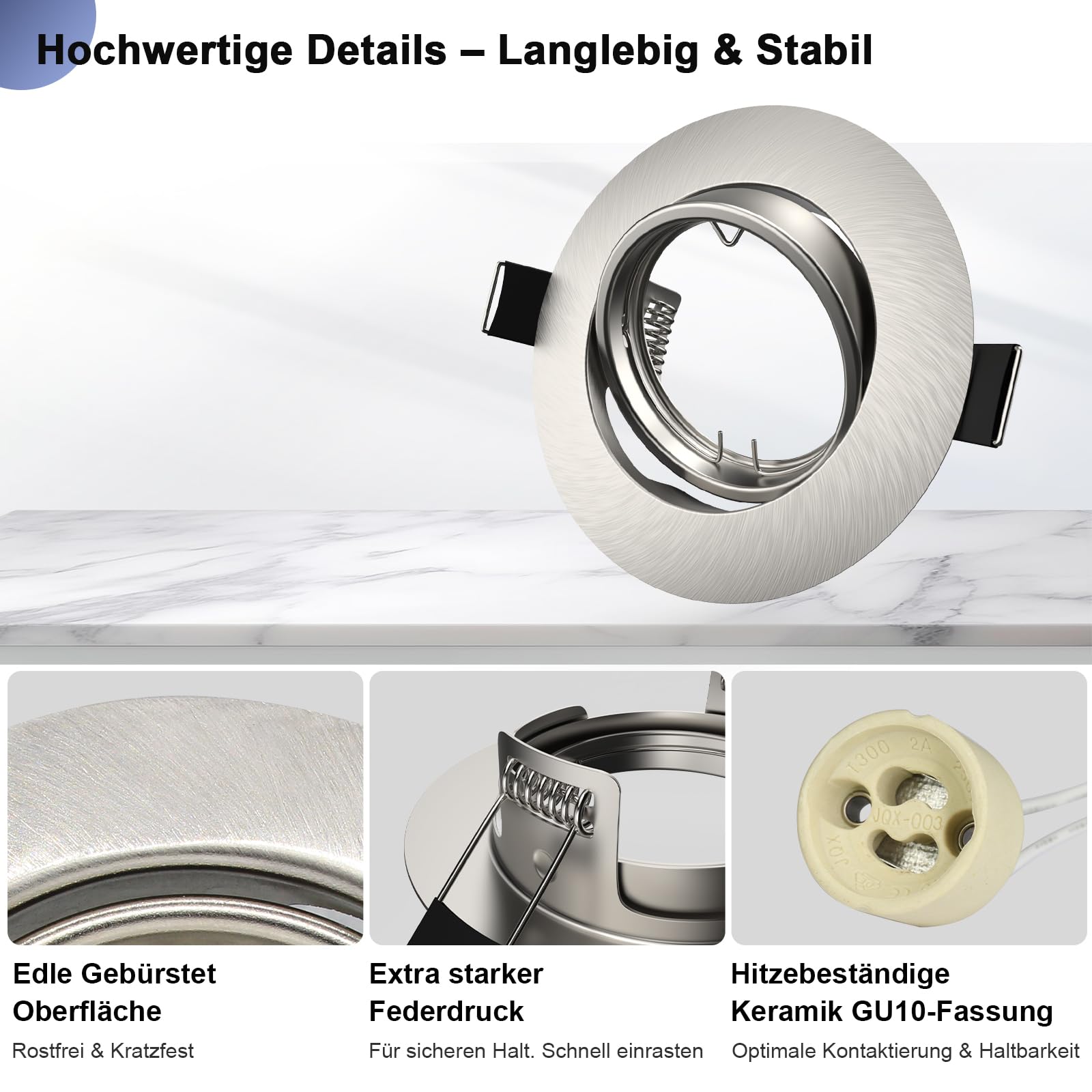 12x Einbaustrahler GU10 Einbauleuchten Schwenkbar Rund Einbaurahmen 68mm LED Spots 230V Edelstahl Gebürstet Einbauspots Rahmen inkl. GU10 Fassung für LED oder Halogen