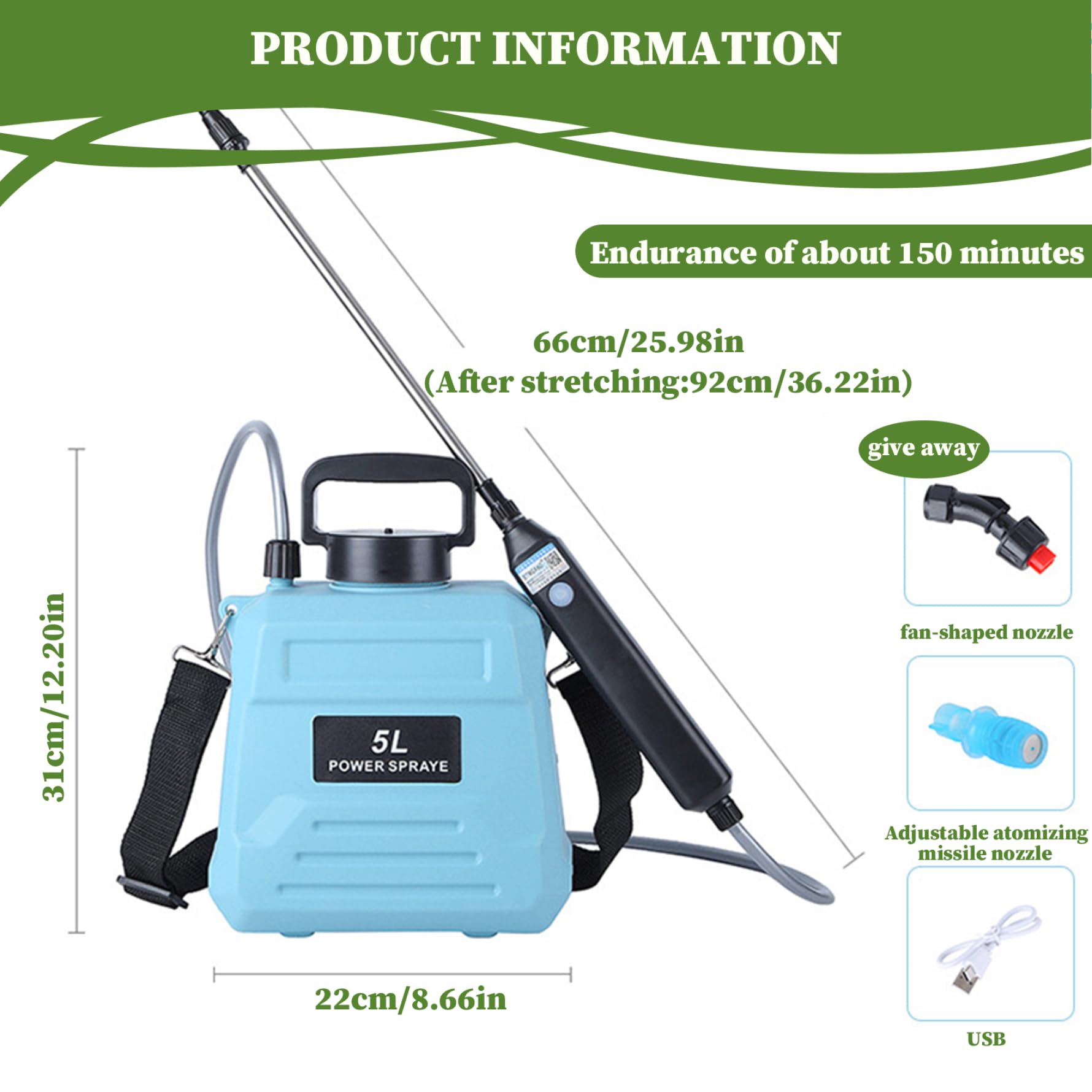 Spruzzatore elettrico, impianto di spruzzatore da giardino estendibile con 2 ugelli ＆ serbatoio dell'acqua da 5 litri, bacchetta di annaffiatoio sparayer a batteria per erbacce da giardino piante, po