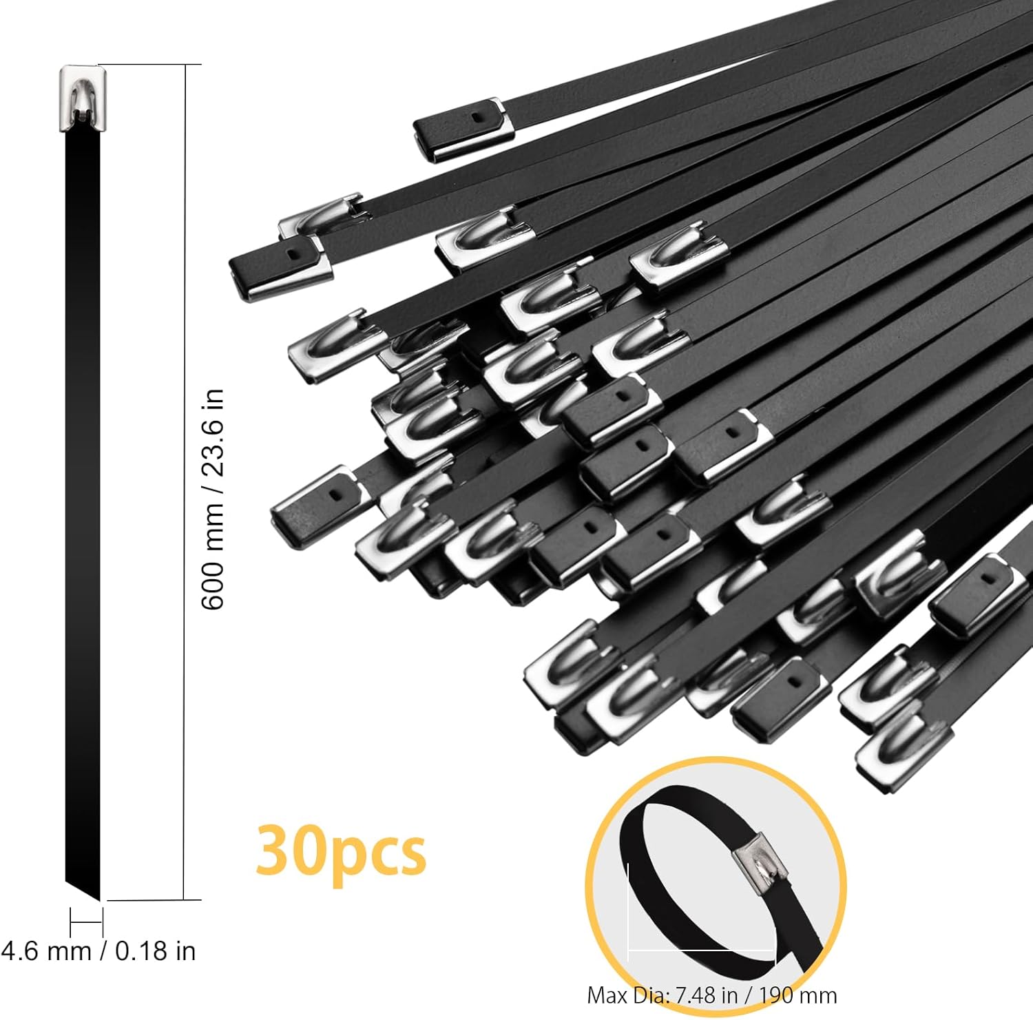 Metal Zip Ties Black 23.6in Stainless Steel Zip Ties Heavy Duty, 270LBS Tensile Strength, Wire Multifunctional Locking Exhaust Wrap Flexible Durable 30 PCS