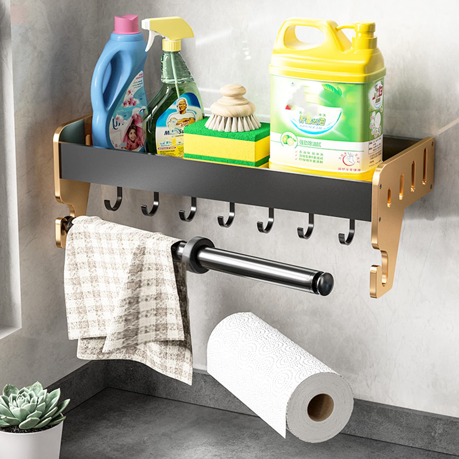 Soporte para Utensilios de Cocina, Estante de baño de Pared, riel Autoadhesivo con Gancho, sin Necesidad de taladrar, toallero de Aluminio Espacial para baño, 35 cm
