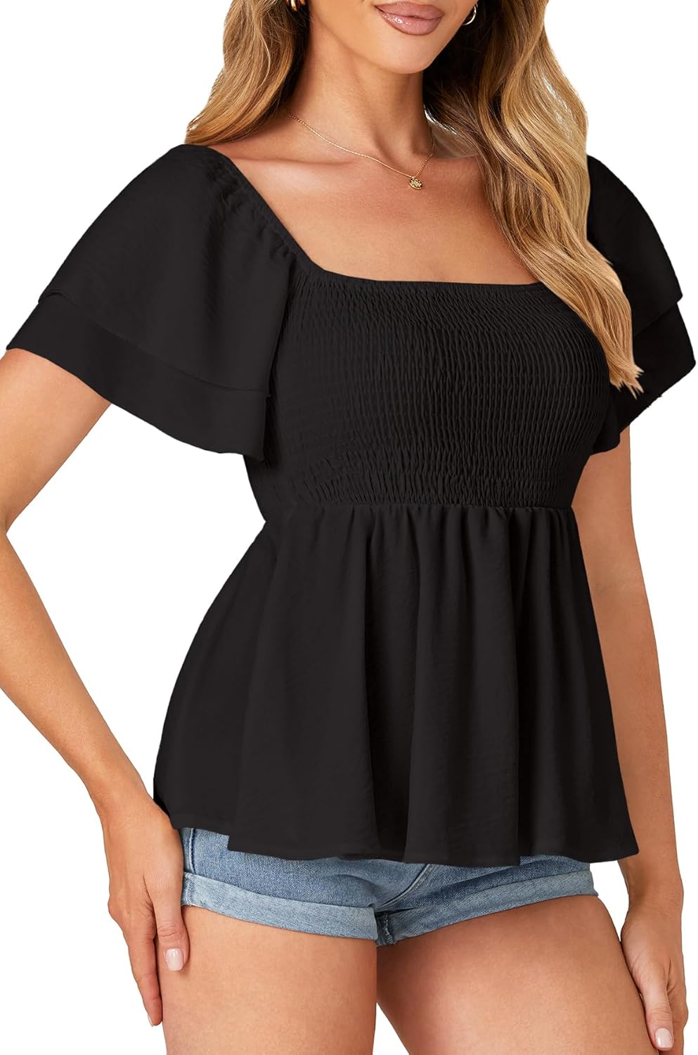 LYANER Women's Square Neck Smocked Peplum Top Ruffle Short Sleeve Babydoll Shirred Blouse - Image 4