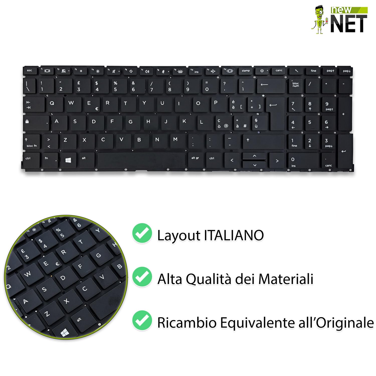 new net - Tastiera Compatibile con Notebook HP ProBook 450 G8, 450 G9, 455 G8, 455 G9, 650 G8 [Senza Frame - Colore Tasti Nero - Retroilluminata - Layout ITA]