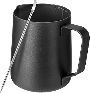 Milchkännchen mit Latte-Dekorierstift, schwarze Teflon-Beschichtung, 350 ml, 304 Edelstahl, Milchaufschäumer, Krug, Metall-Barista-Zubehör für Kaffeemaschine