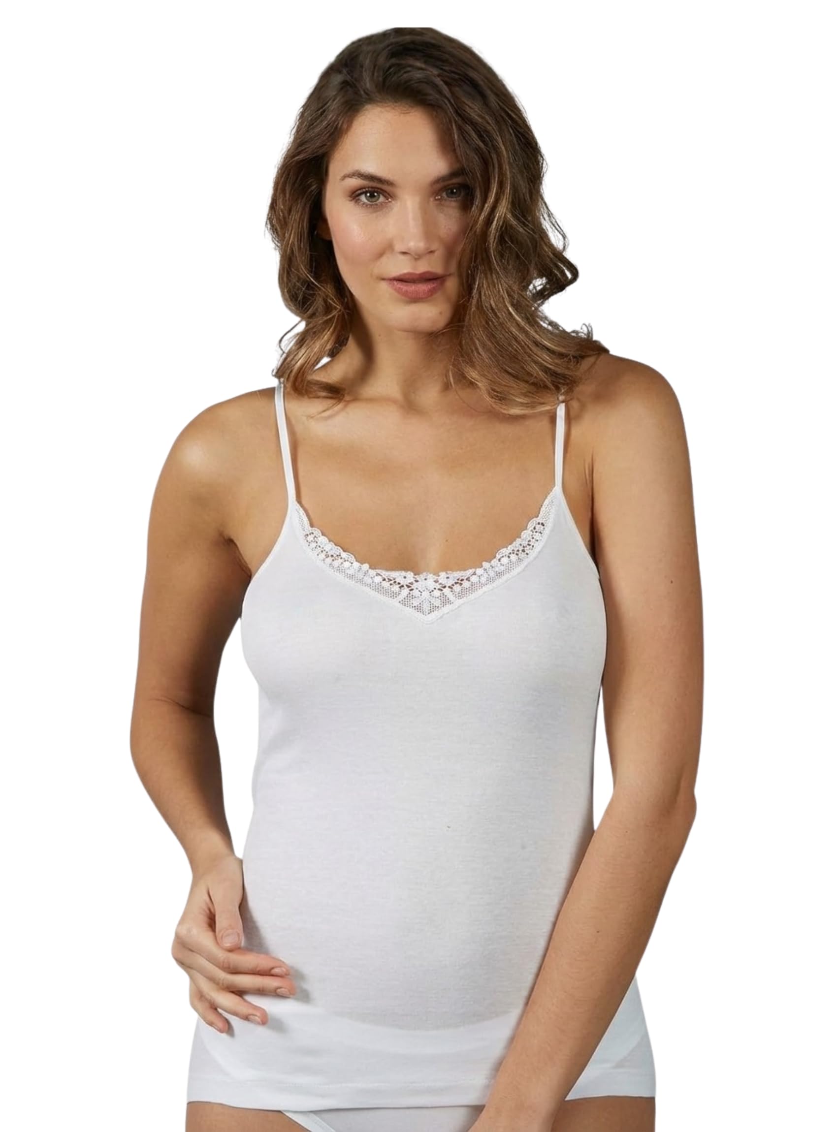VP PINUCCIO VENEGONI Set 2 Canottiere Donna Cotone 100% Mercerizzato Spalla Stretta | Pizzo macramé, Spalline Sottili, Top Intimo Elegante | Made in Italy