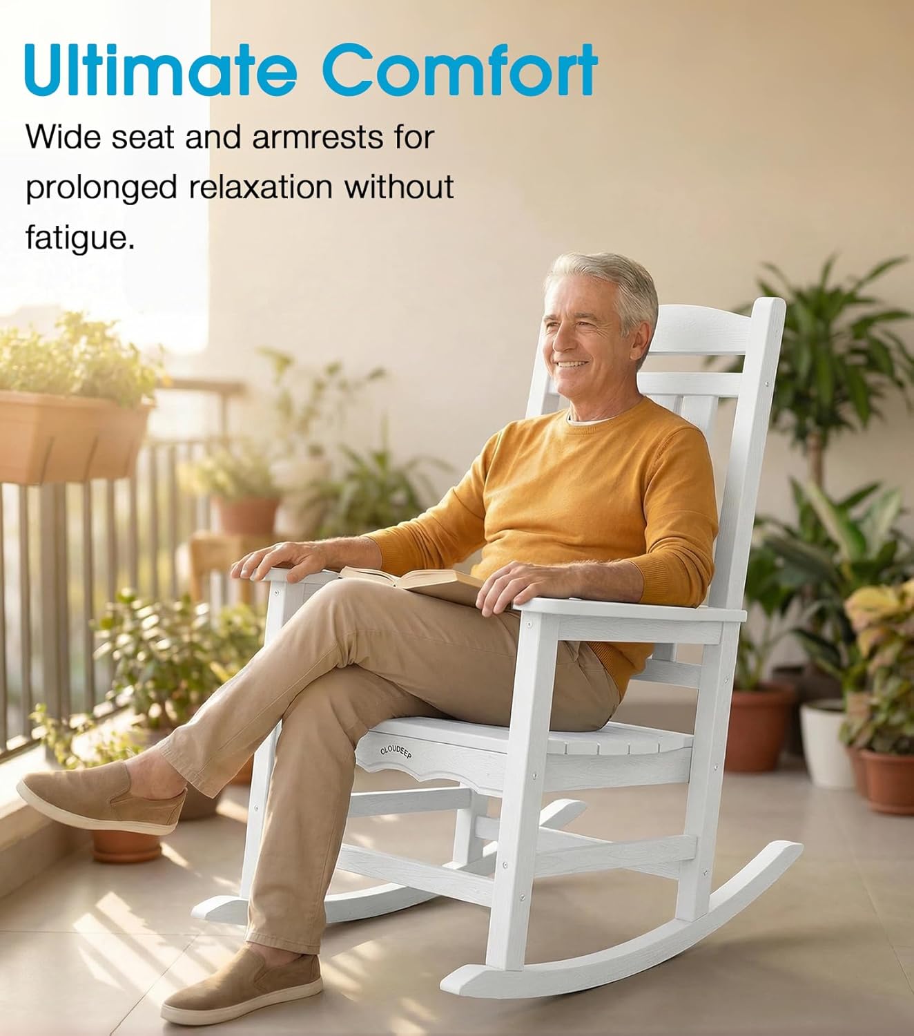 Oversized Outdoor Rocking Chair, High Back Porch Rocker Chair for Adult, HDPE All Weather Resistant Patio Rocking Chairs, White