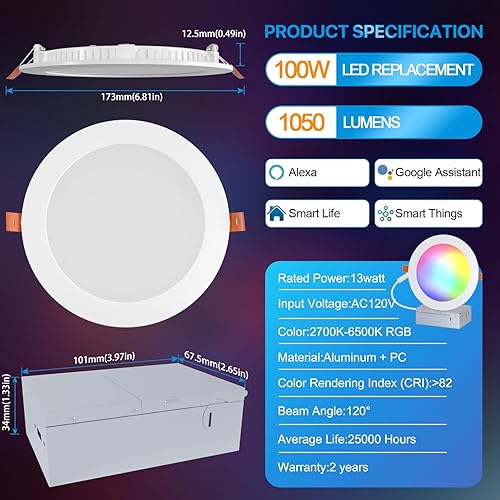 Miniatura 2 de ORALUCE Iluminación empotrable inteligente de 6 pulgadas, WiFi y Bluetooth que cambia de color, luces LED de lata, 13 W, 1050 lm, RGBCW, 2700-6500