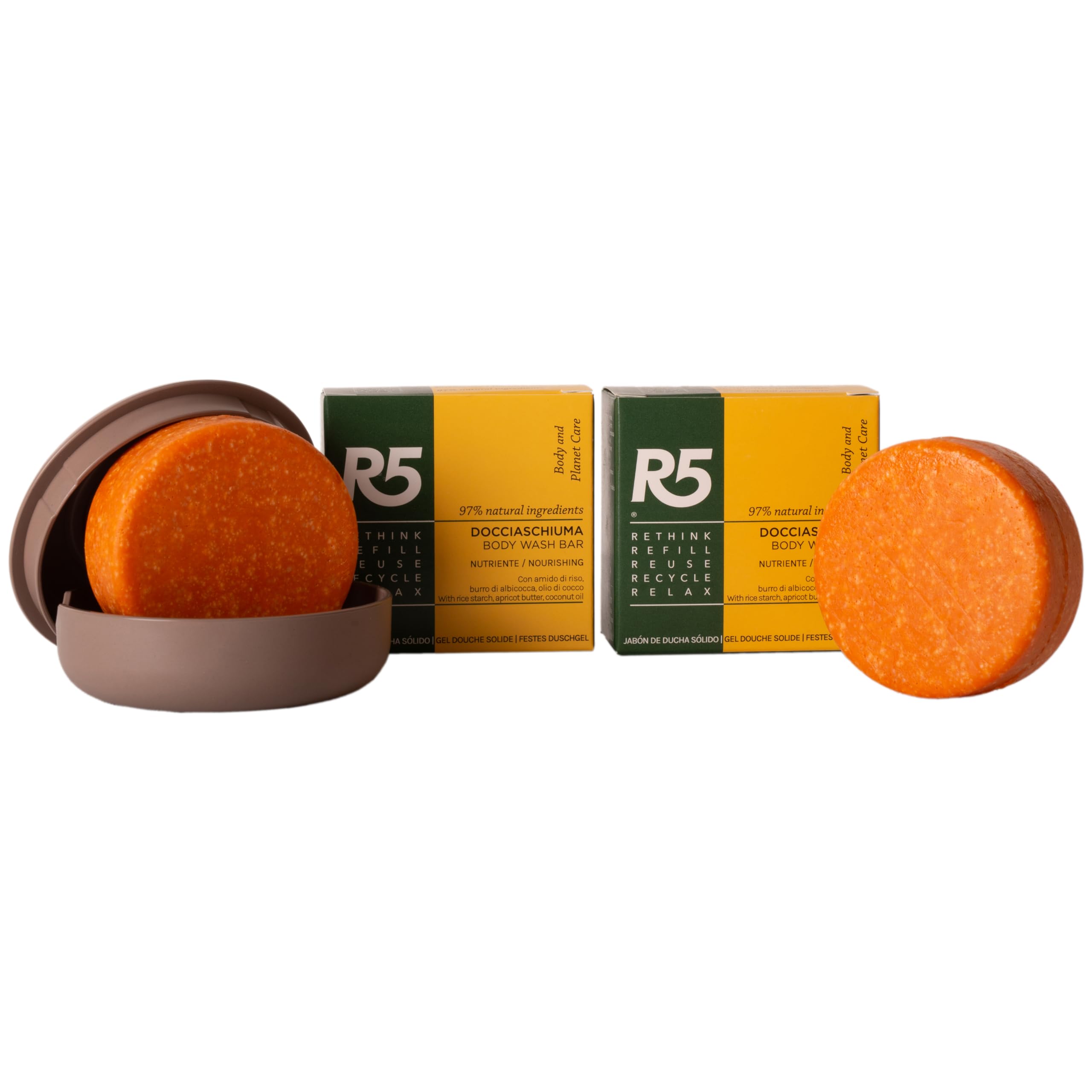 R5 Docciaschiuma solido Nutriente Kit 2x + Portasapone in plastica riciclata