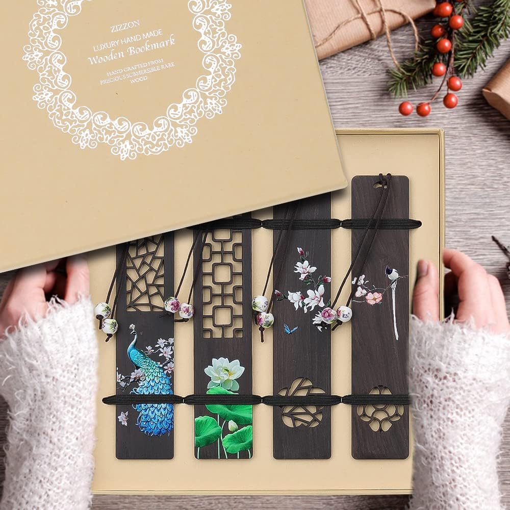 ZIZZON Wooden Bookmark for Men Women, Handmade Natural Wood Carving, Hollow Out and Painted Craft, Ideal Gifts for Men Women Friends Girls Teachers, Birthday Present (Peacock and Lotus) - Image 7