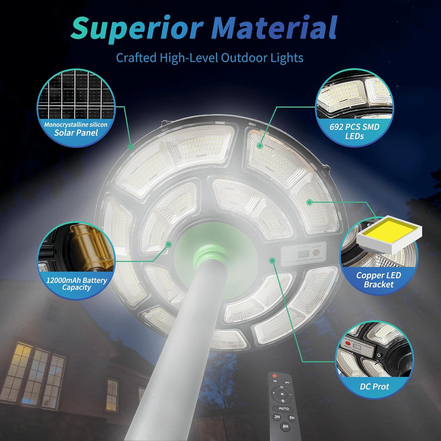 83.5'' Solar Street Light with Aluminum Pole & Base, Outdoor Waterproof 692-LED Solar Lamp Post with DC Port, Dusk to Dawn Pole Light for Patio Yard Garden, Motion Sensor & Remote