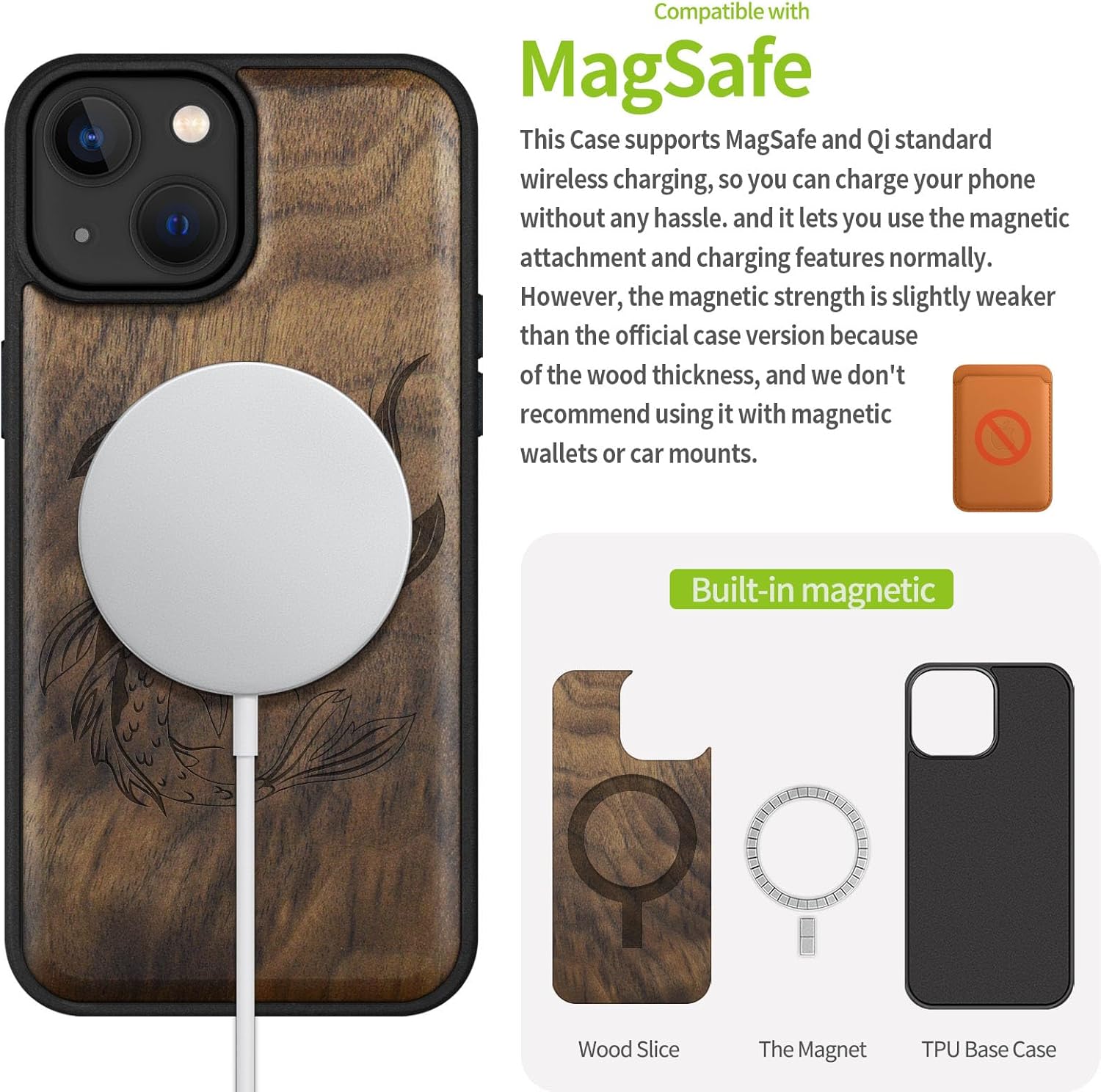 Carveit Magnetic Wood Case for iPhone 14 Case [Natural Wood & Black Soft TPU] Shockproof Protective Cover Unique Wooden Case Compatible with magsafe (Yin-Yang Koi -Walnut)