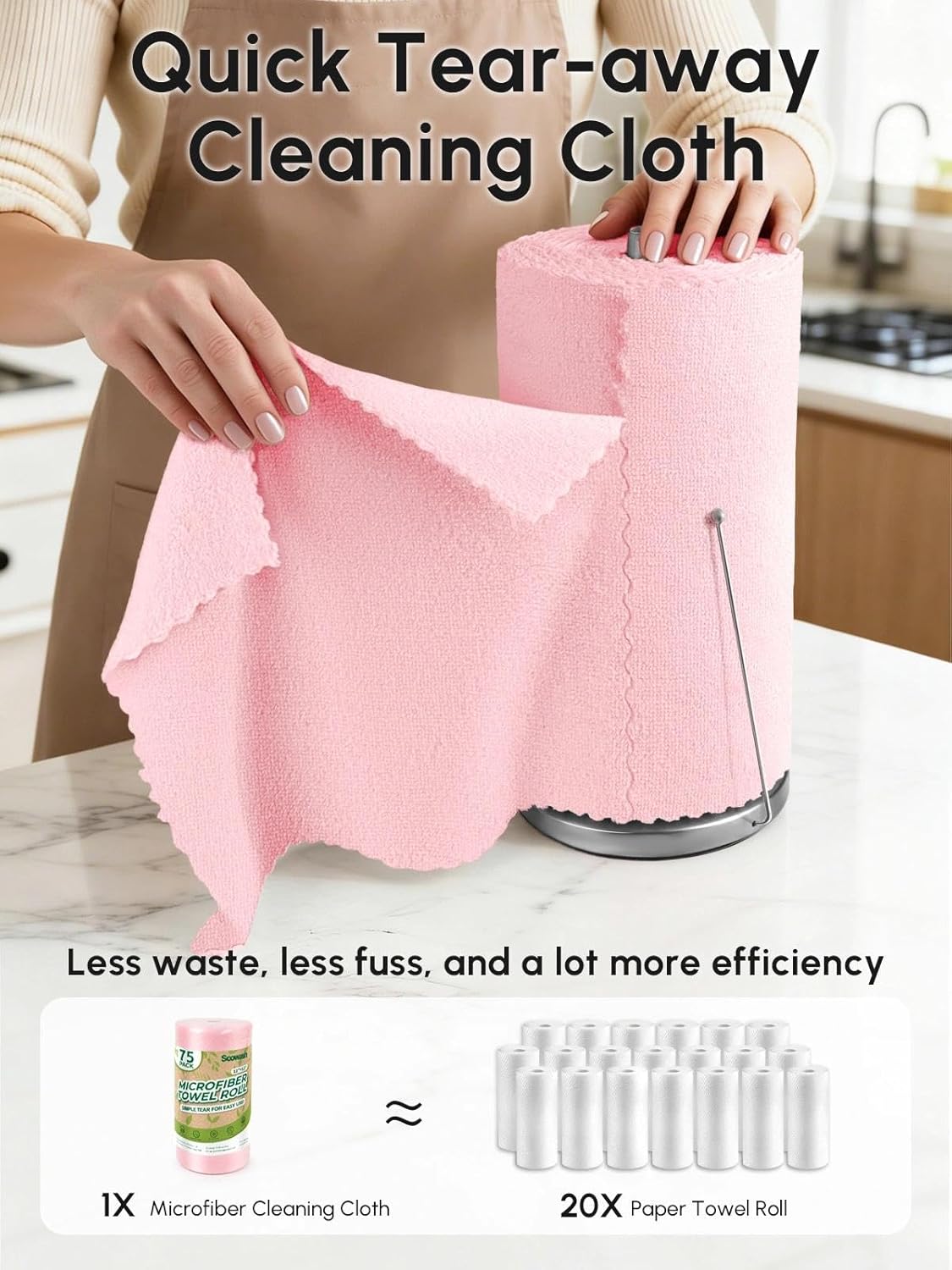 Microfiber Cleaning Cloths Roll, 75 Pack Tear Away Microfiber Towels Roll, 12" x 12" Lint Free Rags, Reusable Cleaning Cloths, Washable, Scratch Free,Ultra Absorbent Dish Rags(Pink)