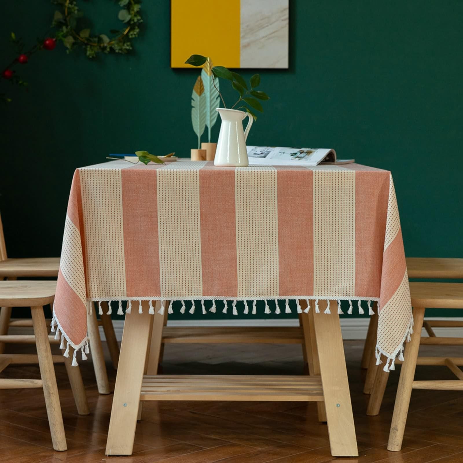 Mantel de mesa de comedor, lino y algodón con patrón de rayas para eventos, bodas, banquetes y fiestas, coral, 55 x 94 pulgadas