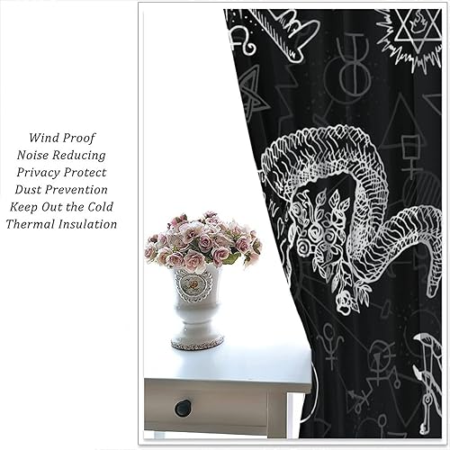 Vista 91 de Cortinas de cabeza de cabra, misteriosa cabeza de cabra malvada, calavera negra, bolsillo para barra, cortinas opacas para ventana, juego de 2